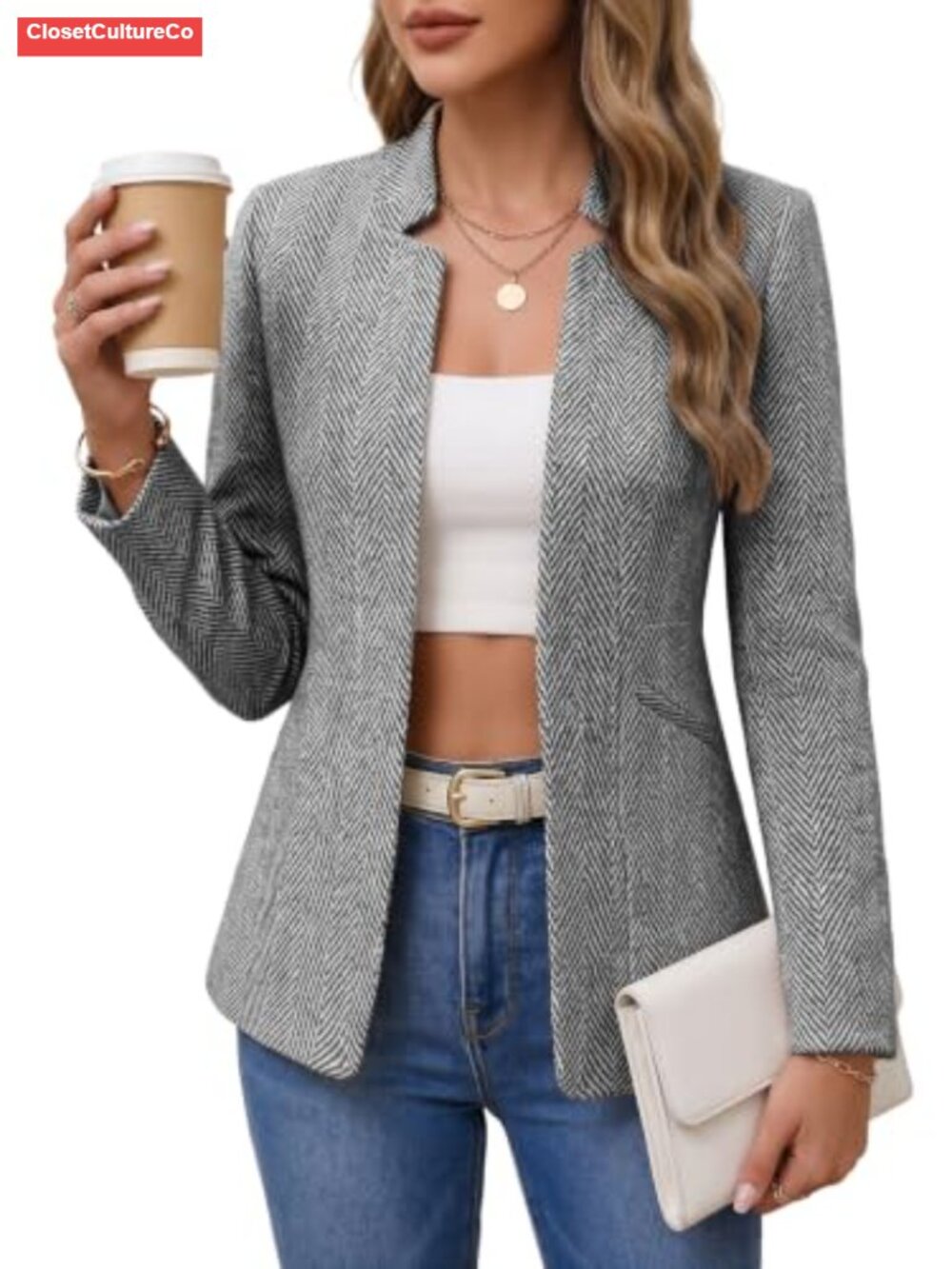 Women's Tweed Herringbone Blazer Stand Collar Business Casual Jacket